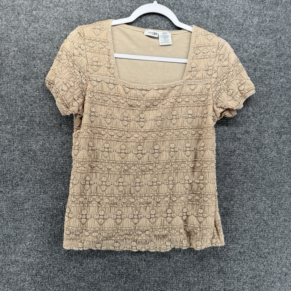 Y2K Top Womens L Beige Lace Square Neck Short Sleeve Fitted Casual 90s Grunge